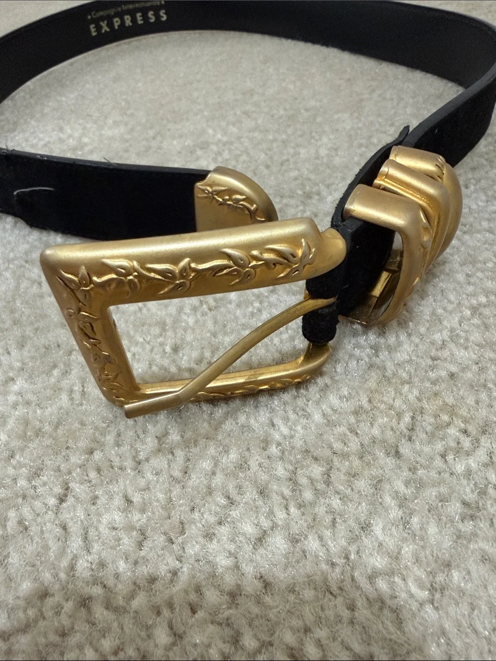 Express Black Leather Belt with Embossed Gold Buckle